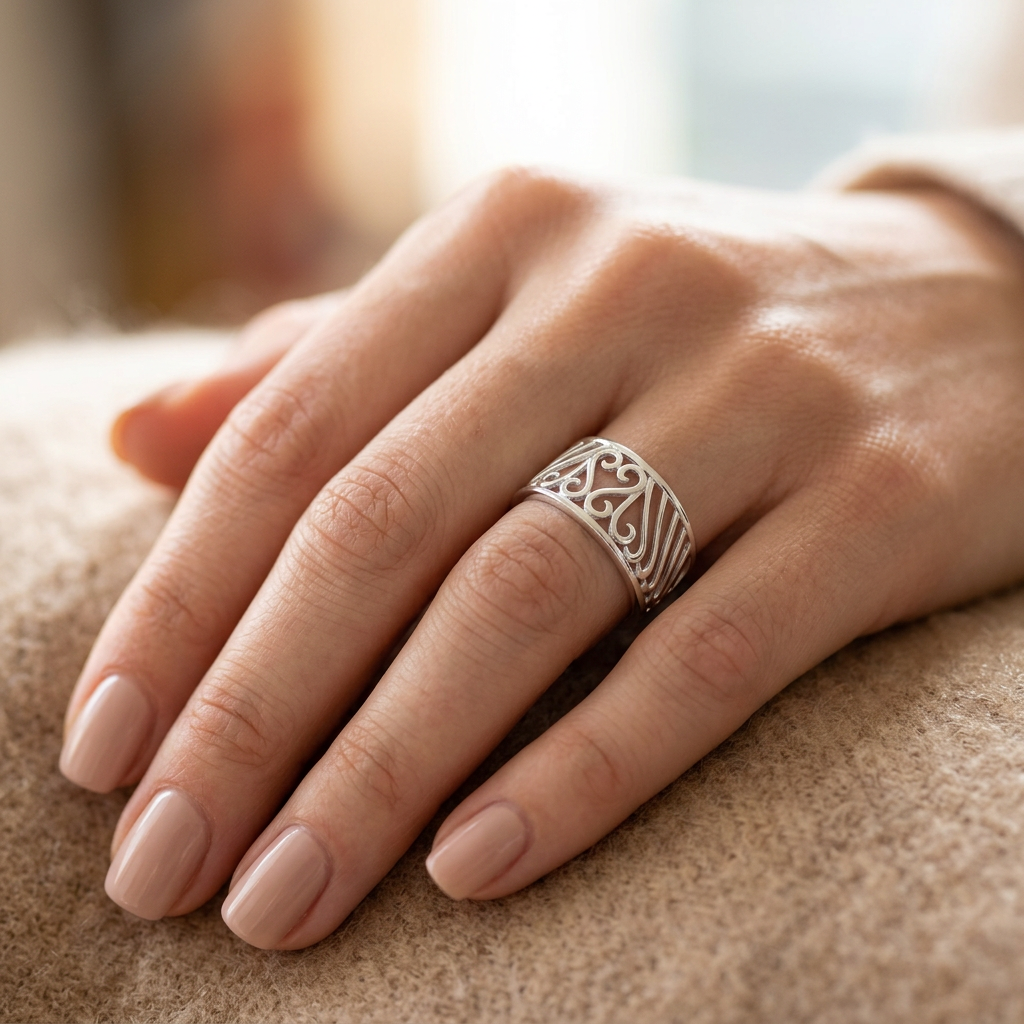 Sterling Silver 5mm Openwork Scroll Heart and Arch Wide Tapered Band Ring for Women model