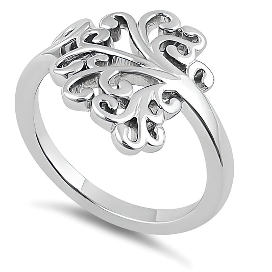 Sterling Silver Sideways Tree of Life Scroll Hidden Hearts Ring for Women