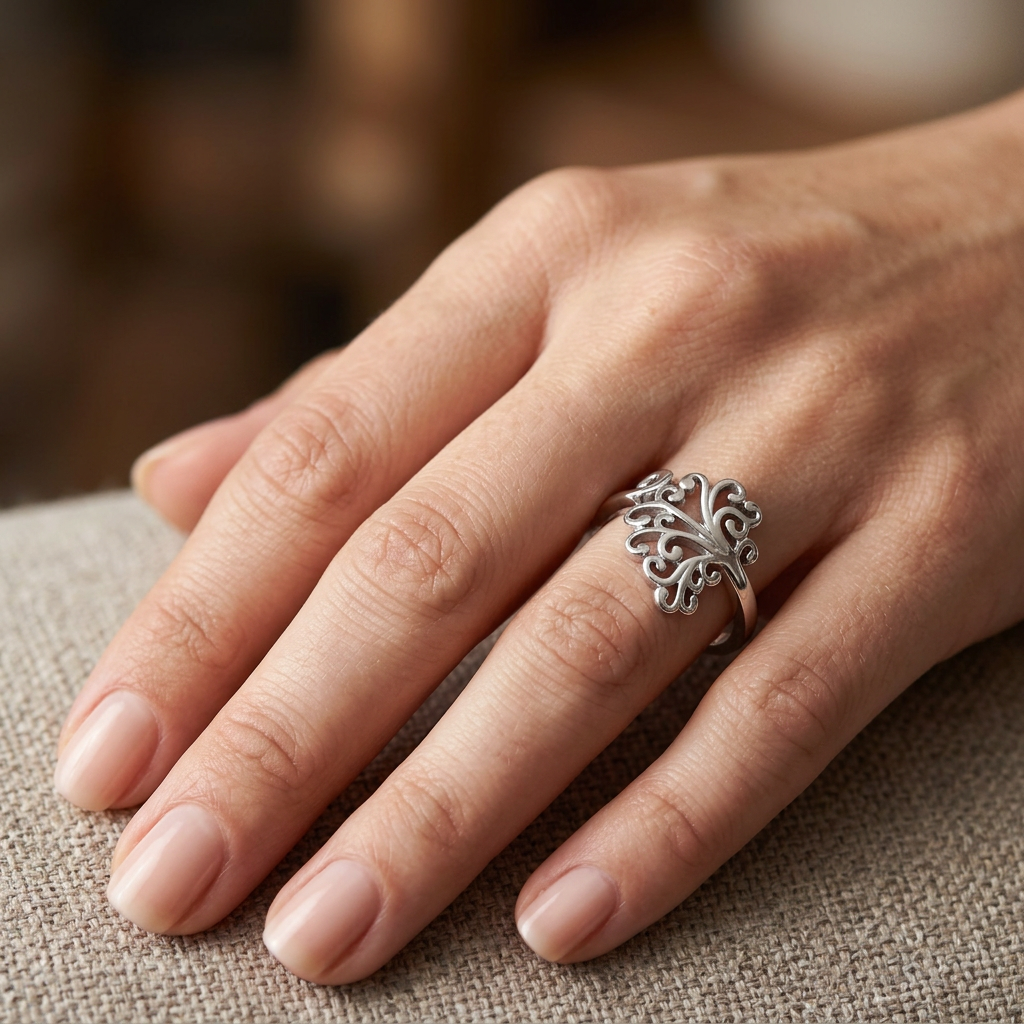 Sterling Silver Sideways Tree of Life Scroll Hidden Hearts Ring for Women model