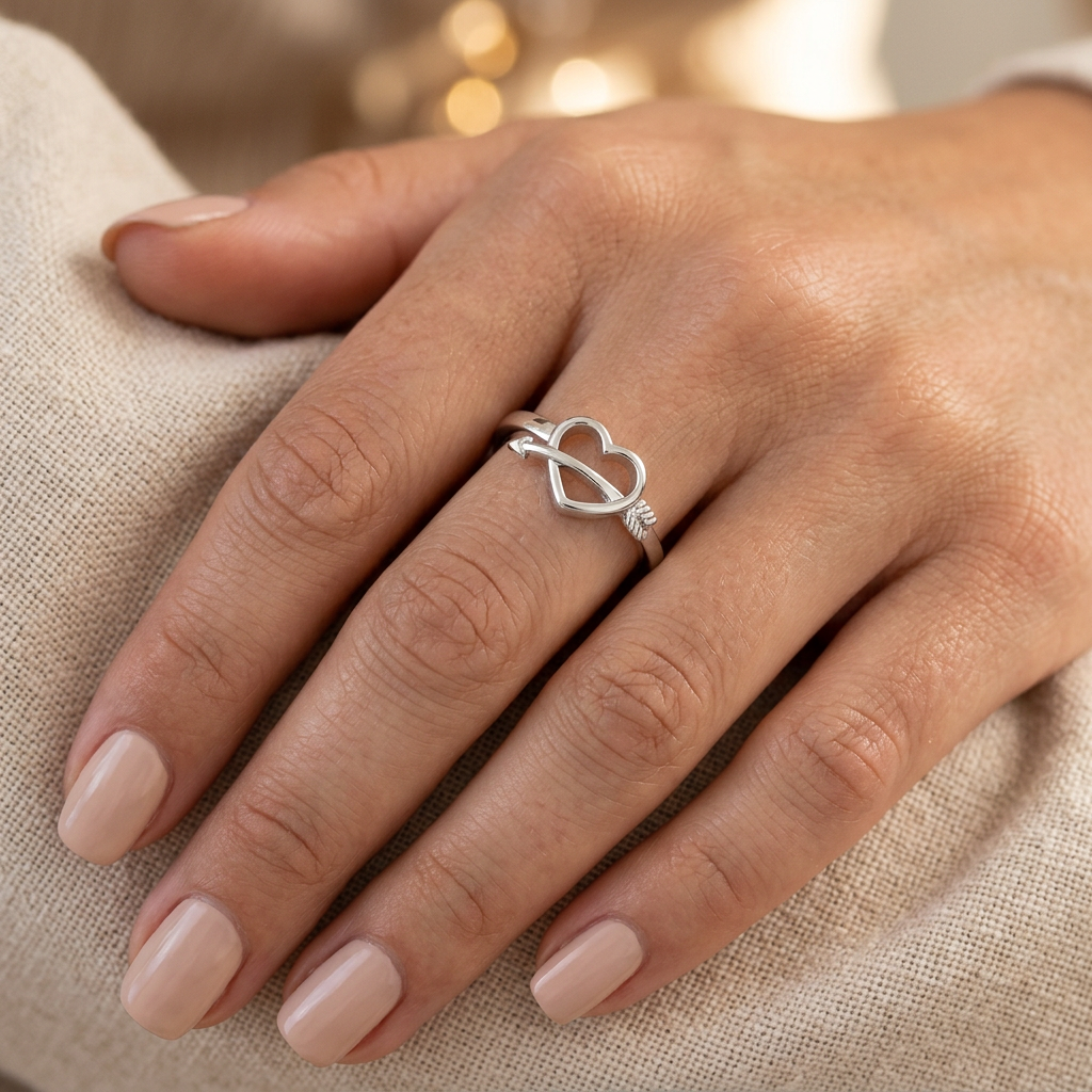 Sterling Silver 1.6mm Cupid Arrow Open Heart Promise Ring for Women model