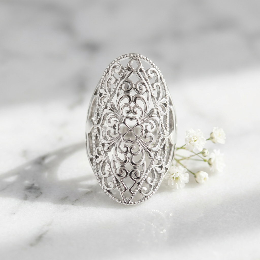 Sterling Silver Filigree Oval Floral Statement Ring for Women life1