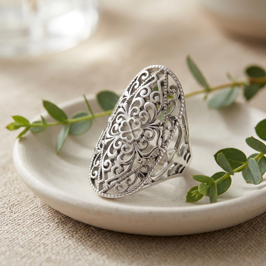 Sterling Silver Filigree Oval Floral Statement Ring for Women life2