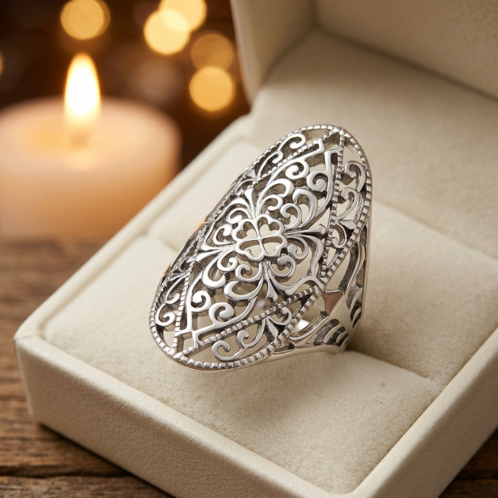 Sterling Silver Filigree Oval Floral Statement Ring for Women life3
