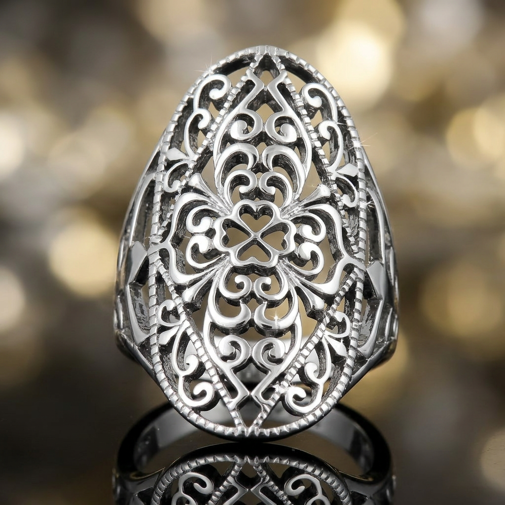 Sterling Silver Filigree Oval Floral Statement Ring for Women life4