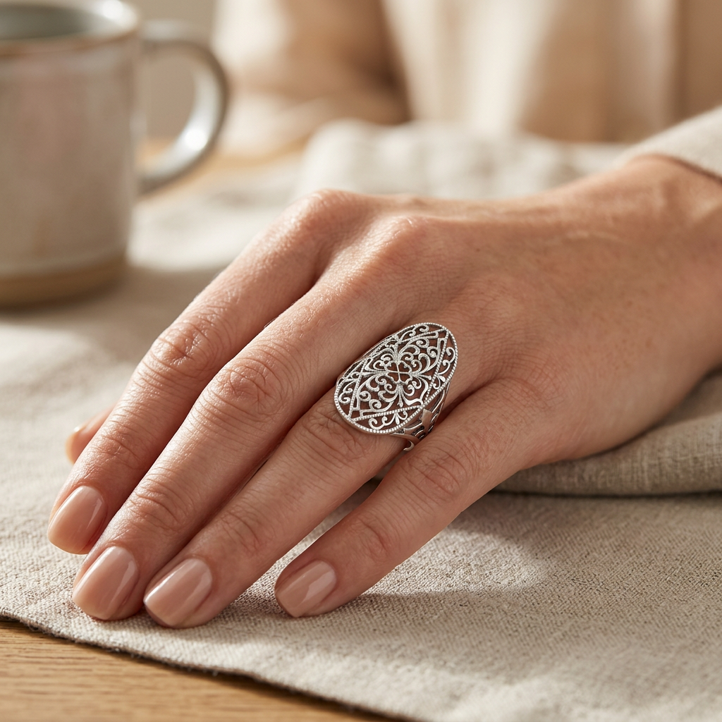 Sterling Silver Filigree Oval Floral Statement Ring for Women model