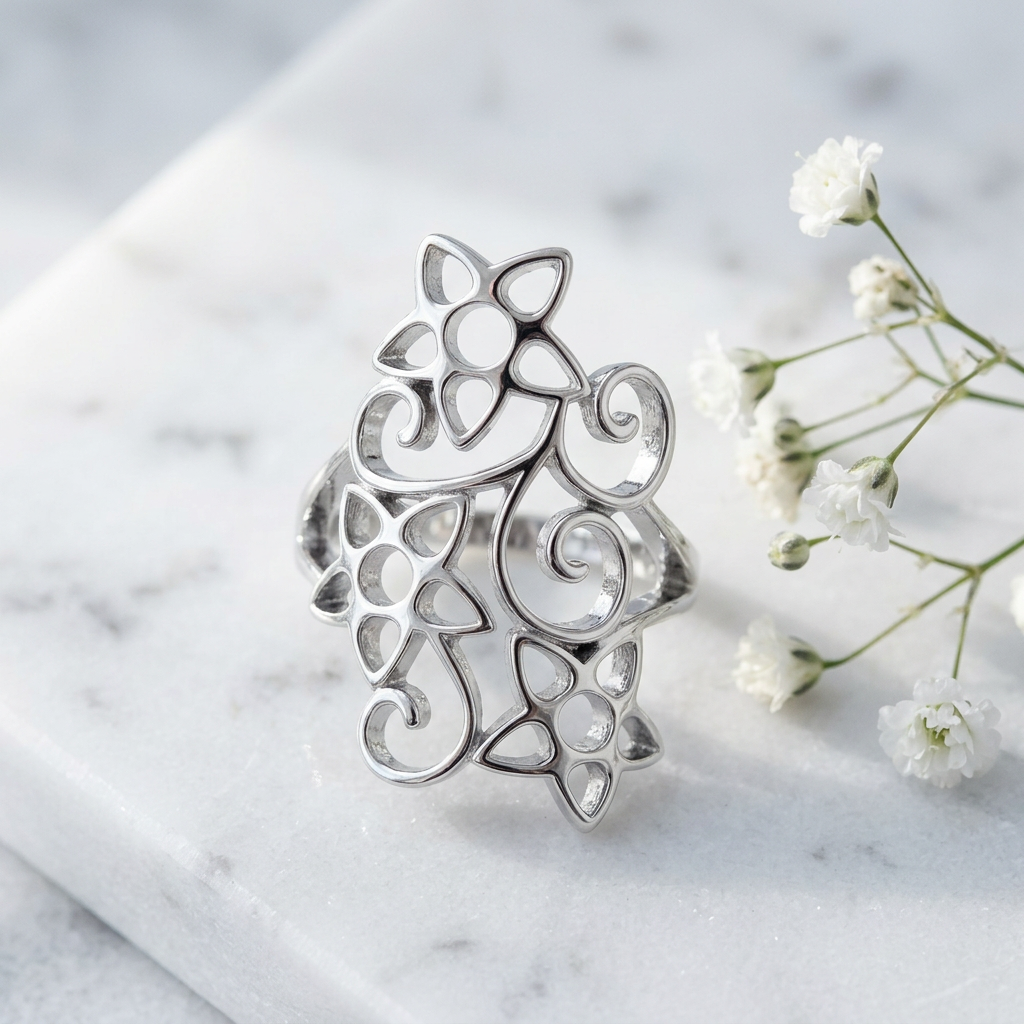 Sterling Silver Openwork Star Flower Swirl Long Statement Ring for Women life1