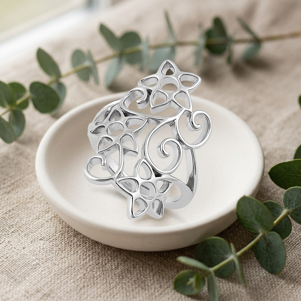 Sterling Silver Openwork Star Flower Swirl Long Statement Ring for Women life2