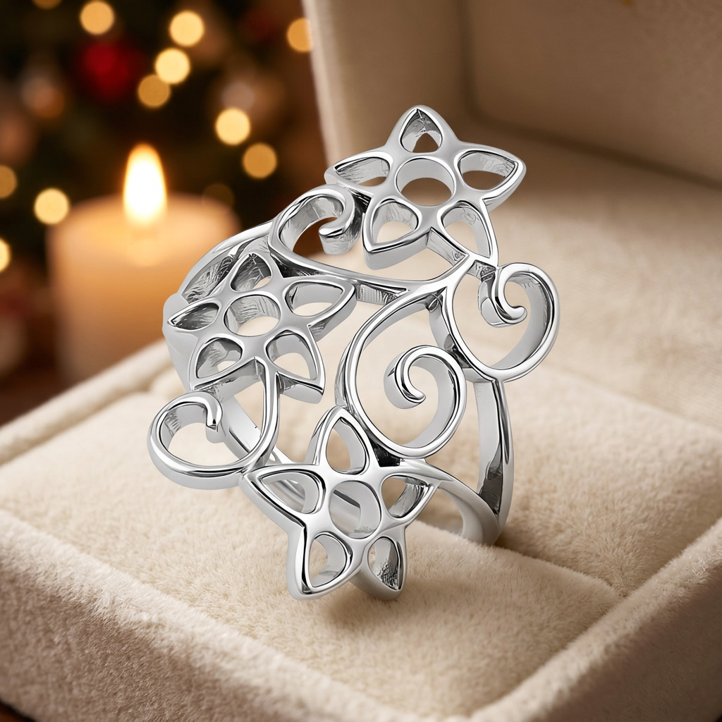 Sterling Silver Openwork Star Flower Swirl Long Statement Ring for Women life3