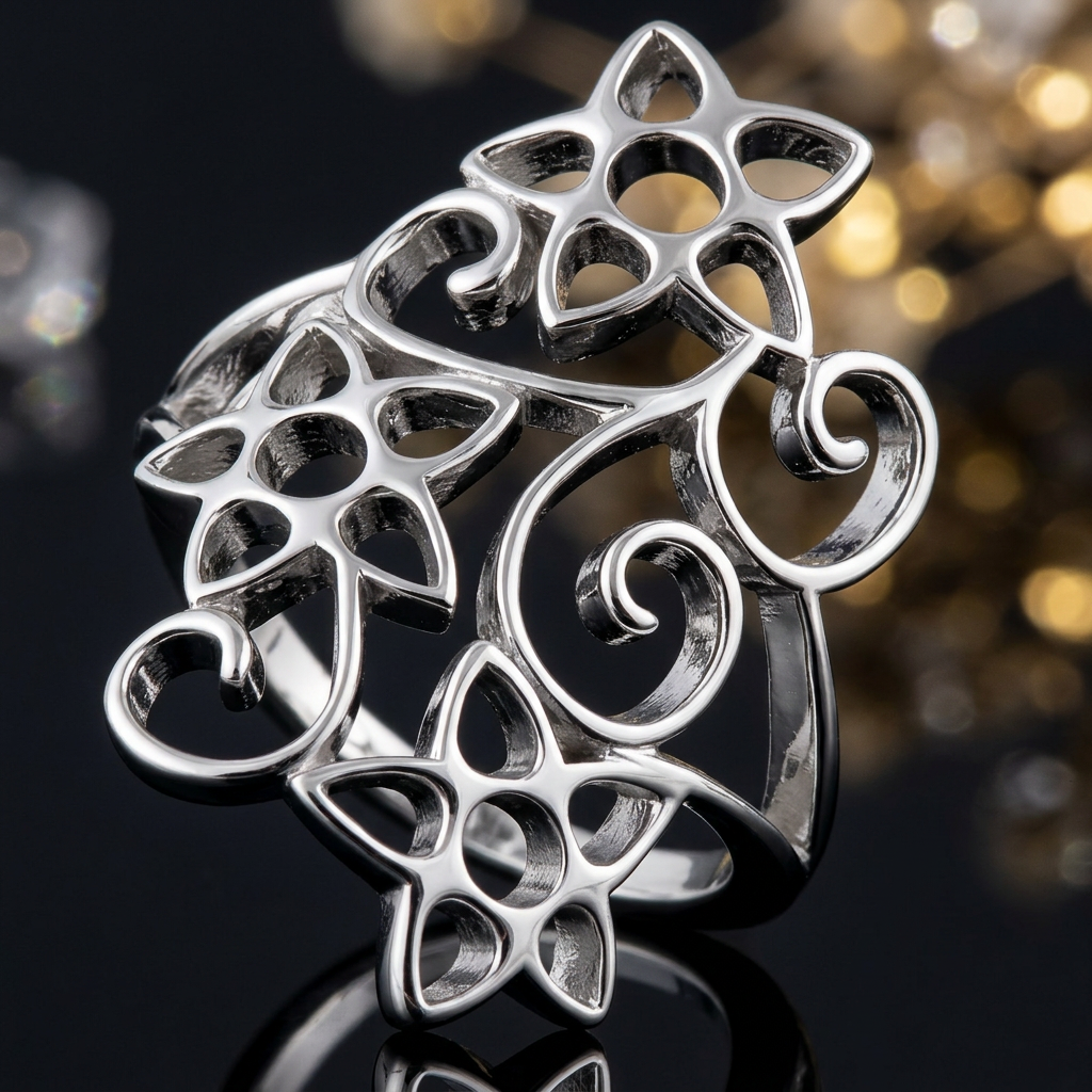 Sterling Silver Openwork Star Flower Swirl Long Statement Ring for Women life4