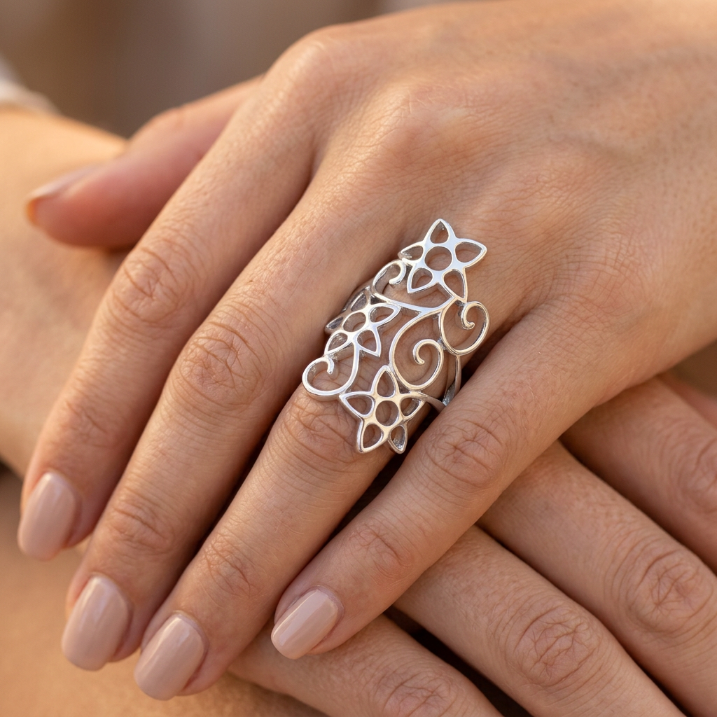 Sterling Silver Openwork Star Flower Swirl Long Statement Ring for Women model