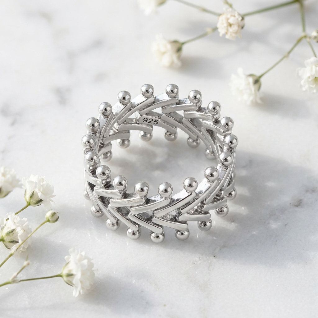 Sterling Silver 9mm Wide Openwork Chevron Ball Tip Eternity Band Ring for Women life1