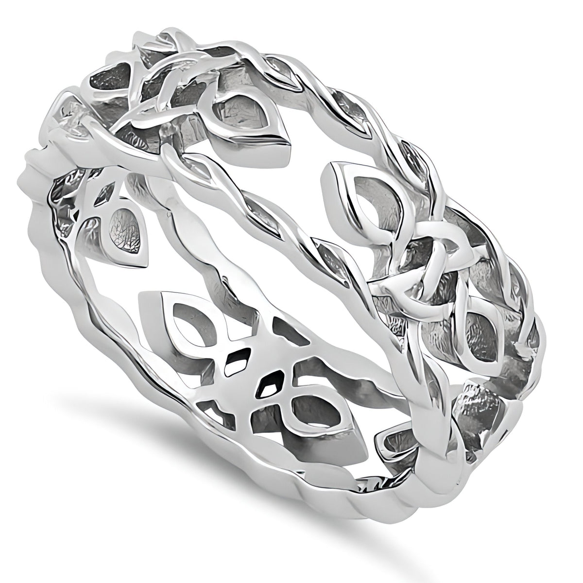 Sterling Silver 6.9mm Celtic Knot and Leaf Openwork Twisted Rope Edge Band Ring, Unisex