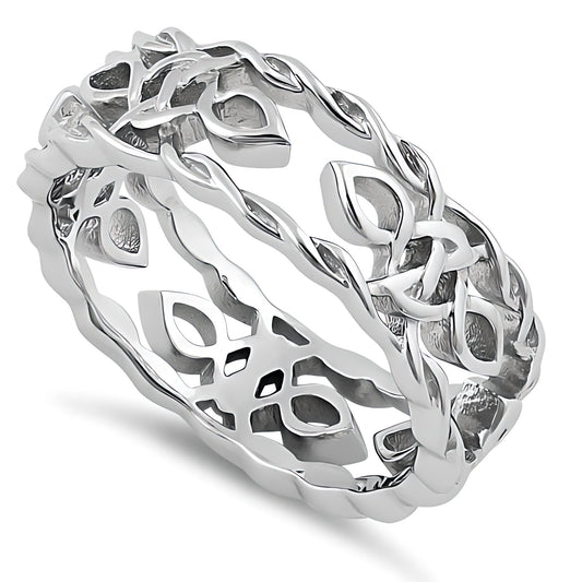 Sterling Silver 6.9mm Celtic Knot and Leaf Openwork Twisted Rope Edge Band Ring, Unisex