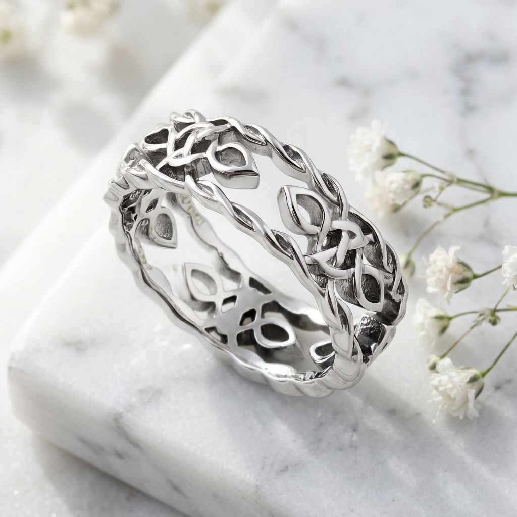 Sterling Silver 6.9mm Celtic Knot and Leaf Openwork Twisted Rope Edge Band Ring, Unisex life1