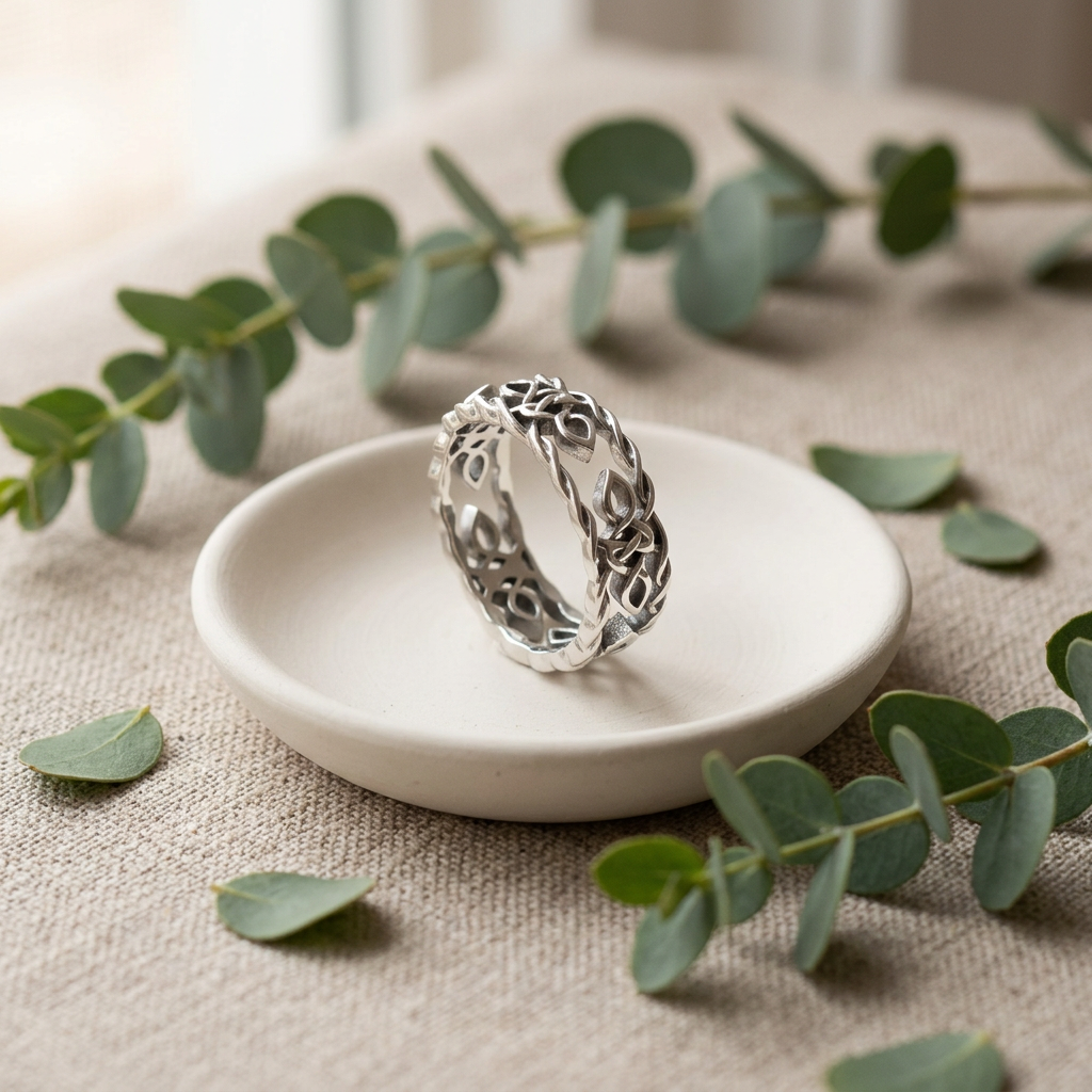 Sterling Silver 6.9mm Celtic Knot and Leaf Openwork Twisted Rope Edge Band Ring, Unisex life2