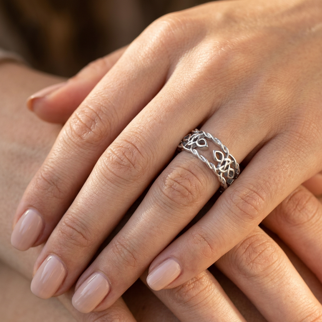 Sterling Silver 6.9mm Celtic Knot and Leaf Openwork Twisted Rope Edge Band Ring, Unisex model
