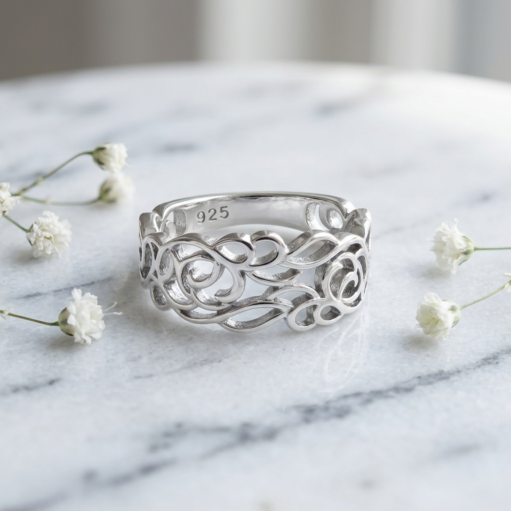 Sterling Silver 3.9mm Openwork Rose and Heart Filigree Band Ring for Women life1