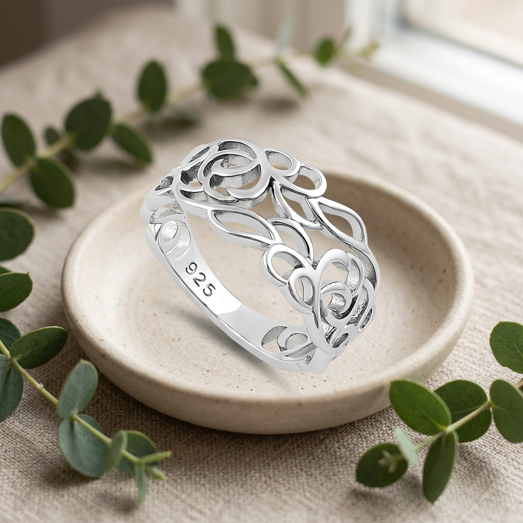 Sterling Silver 3.9mm Openwork Rose and Heart Filigree Band Ring for Women life2