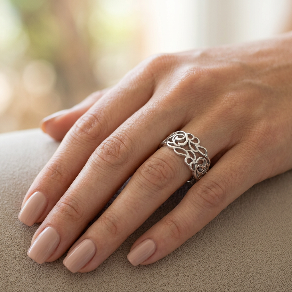 Sterling Silver 3.9mm Openwork Rose and Heart Filigree Band Ring for Women model