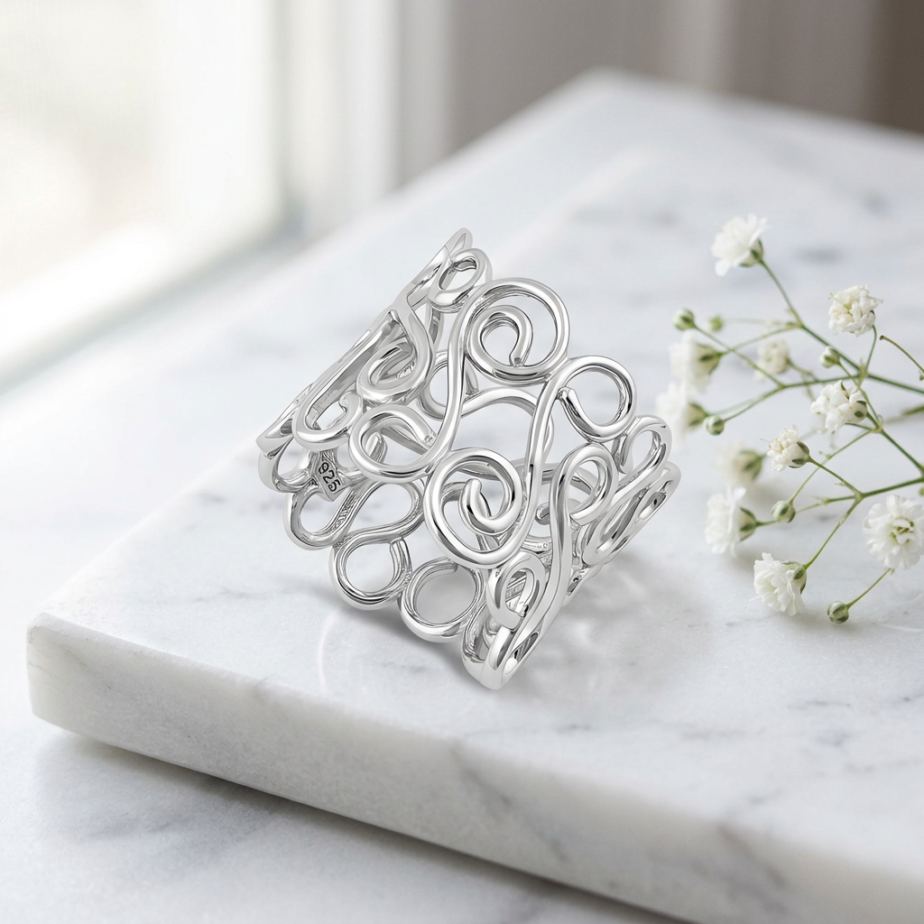 Sterling Silver 18.5mm Wide Open Wire Swirl Scroll Statement Ring for Women life1