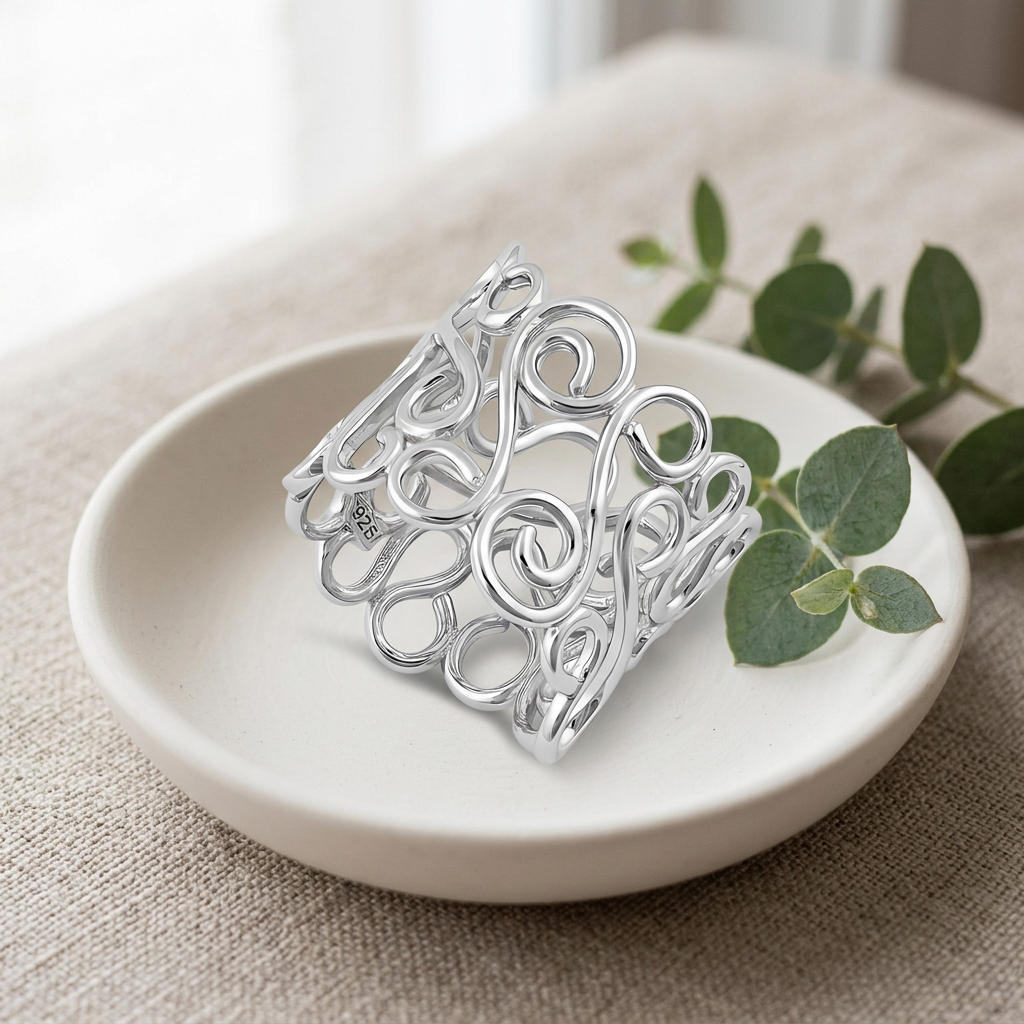 Sterling Silver 18.5mm Wide Open Wire Swirl Scroll Statement Ring for Women life2