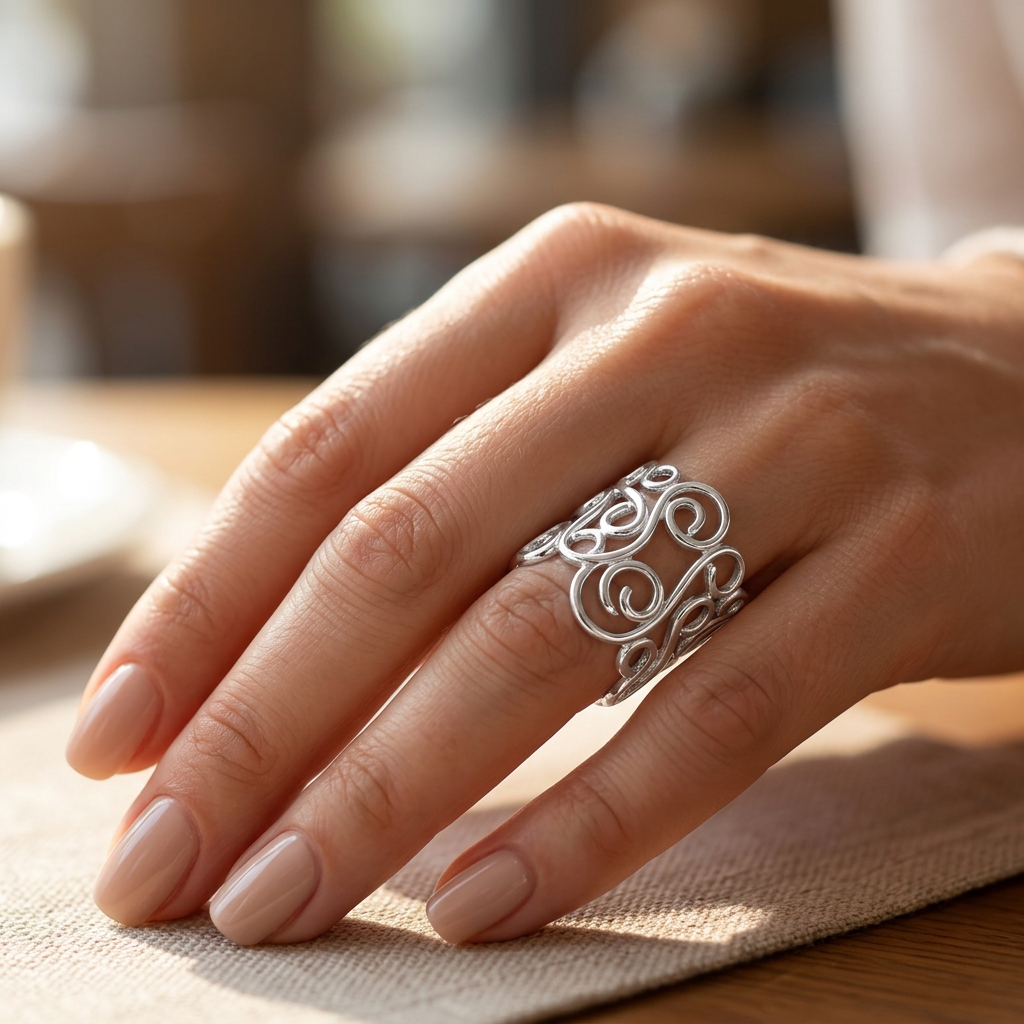 Sterling Silver 18.5mm Wide Open Wire Swirl Scroll Statement Ring for Women model
