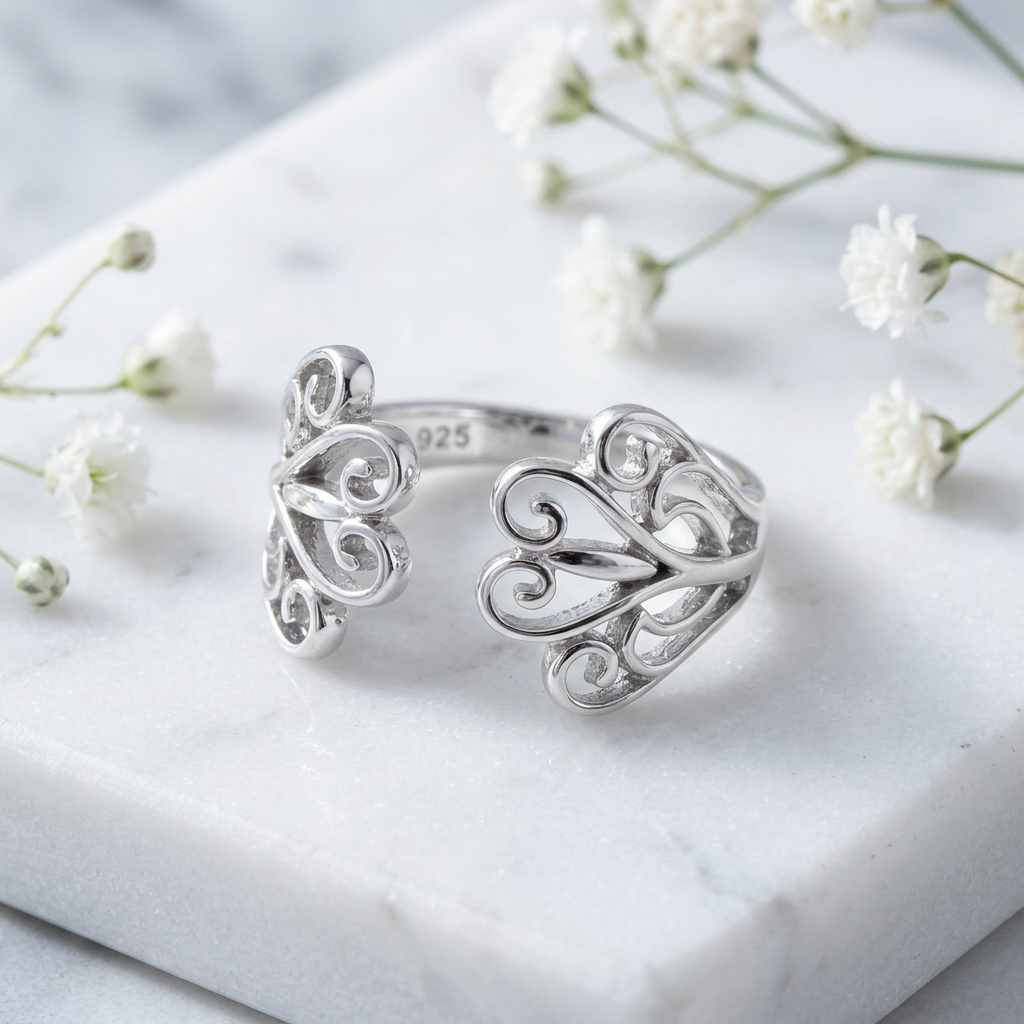 Sterling Silver 2.7mm Filigree Scroll Hearts Open Cuff Ring for Women life1