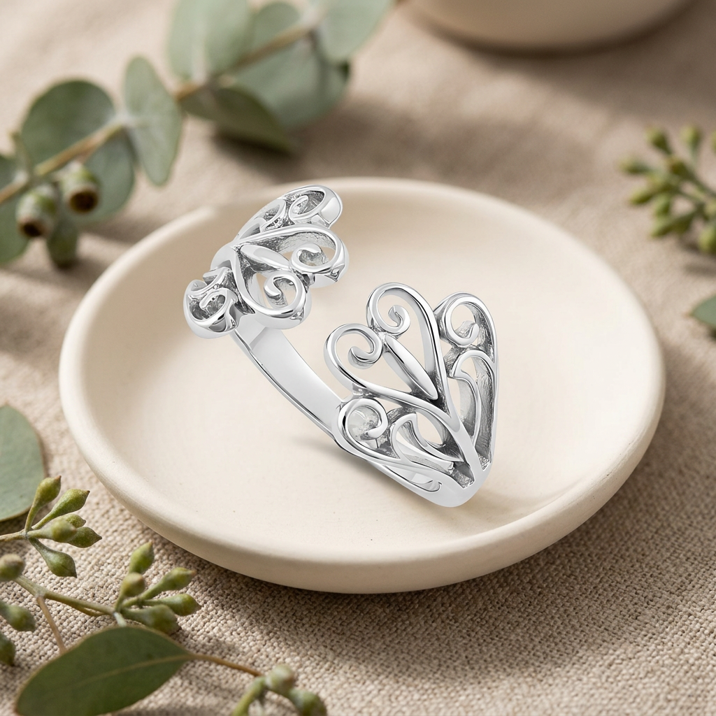 Sterling Silver 2.7mm Filigree Scroll Hearts Open Cuff Ring for Women life2