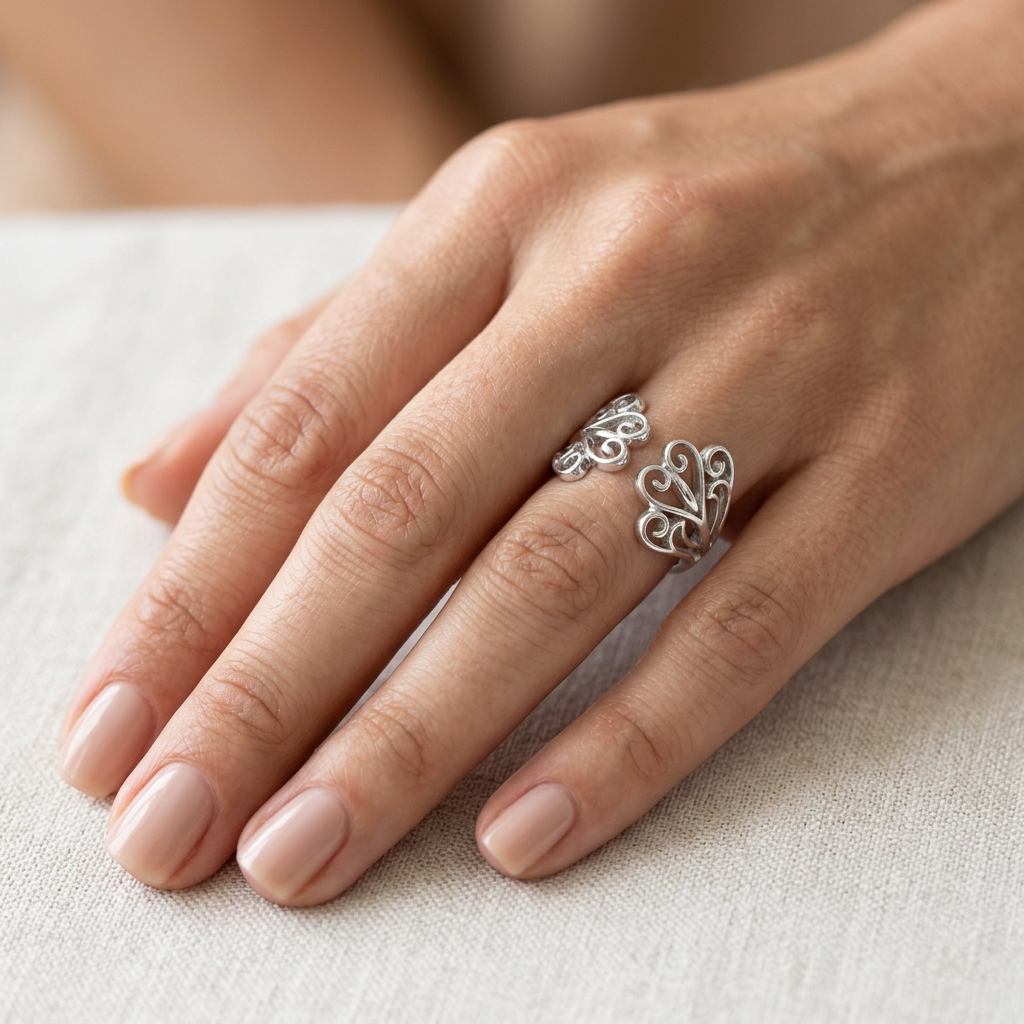 Sterling Silver 2.7mm Filigree Scroll Hearts Open Cuff Ring for Women model