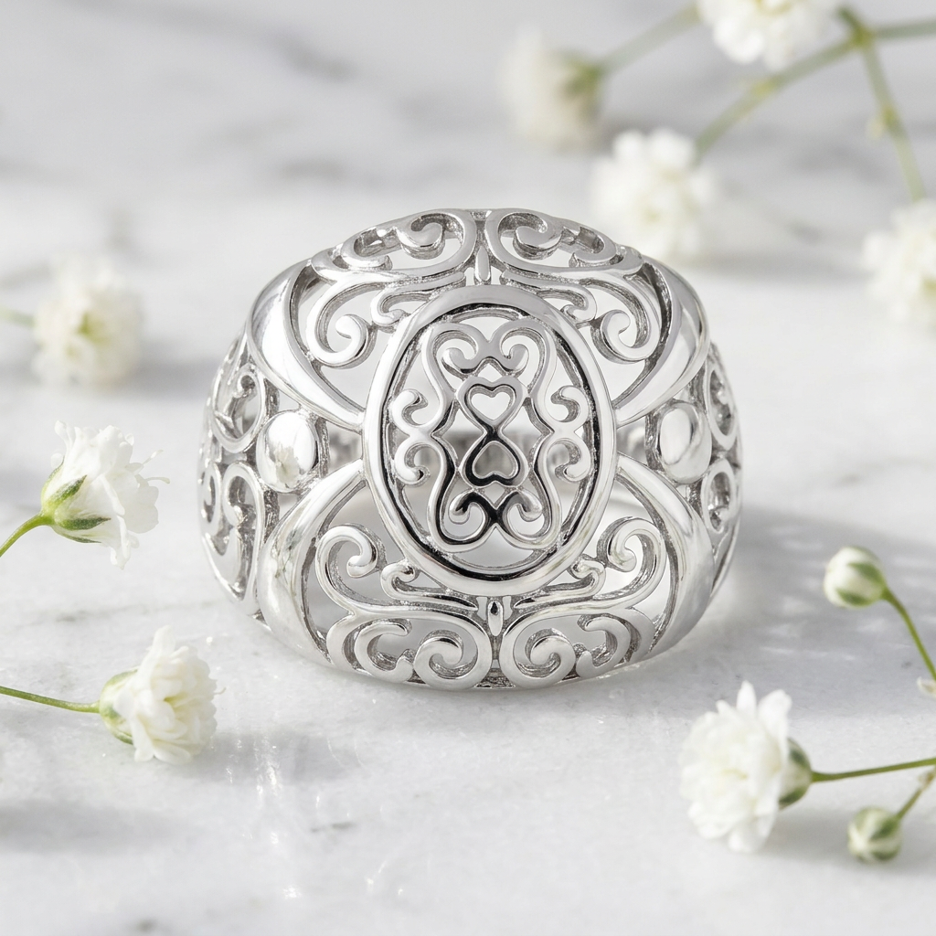 Sterling Silver 4.6mm Hearts and Vines Filigree Dome Ring for Women life1