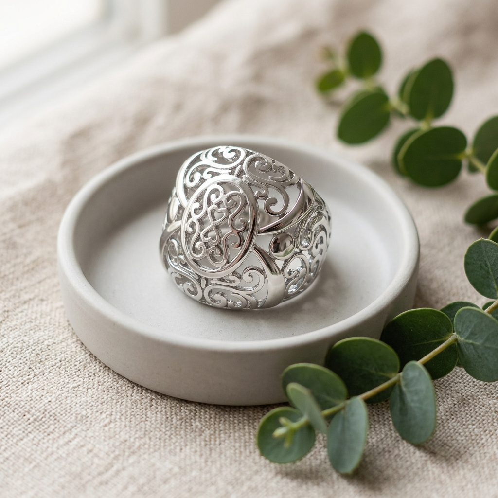 Sterling Silver 4.6mm Hearts and Vines Filigree Dome Ring for Women life2