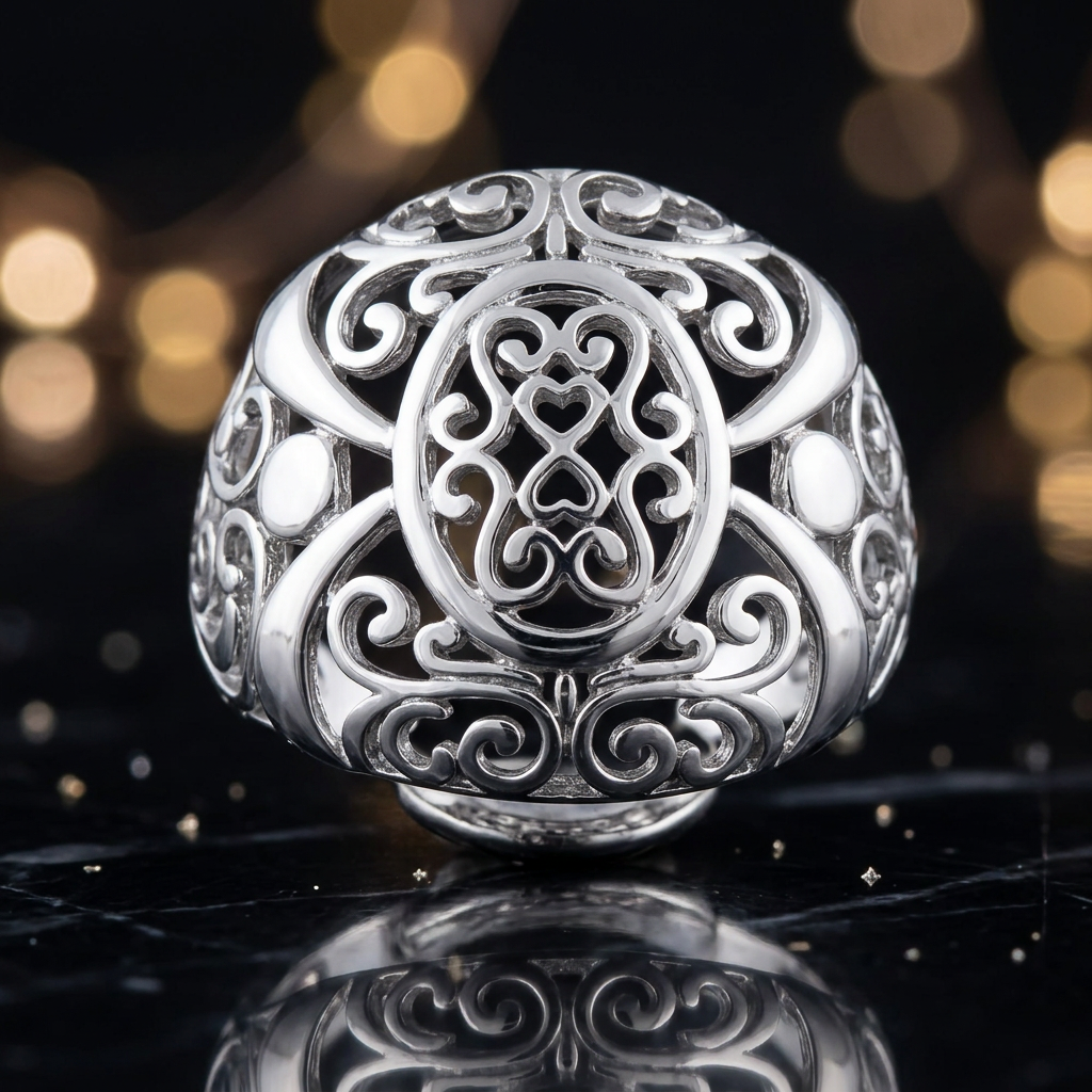 Sterling Silver 4.6mm Hearts and Vines Filigree Dome Ring for Women life4