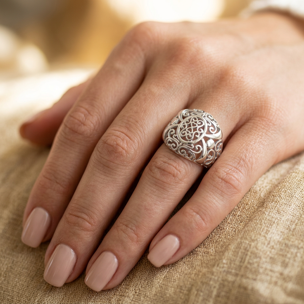 Sterling Silver 4.6mm Hearts and Vines Filigree Dome Ring for Women model