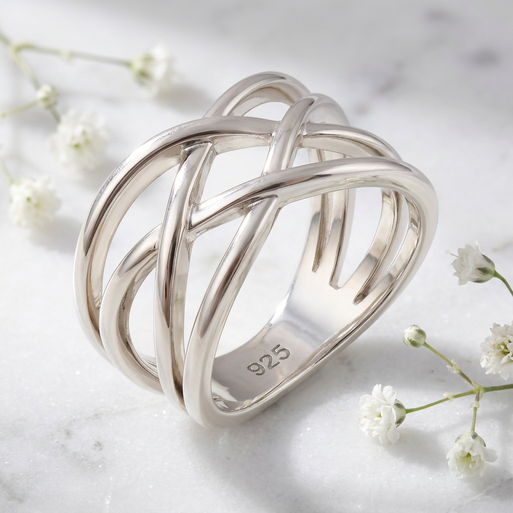 Sterling Silver 6.5mm Wide Crossover Statement Ring for Women life1