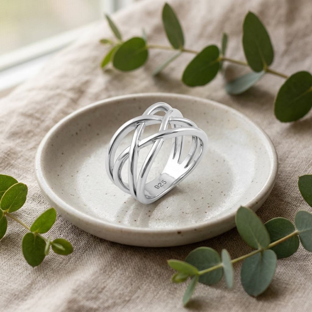 Sterling Silver 6.5mm Wide Crossover Statement Ring for Women life2