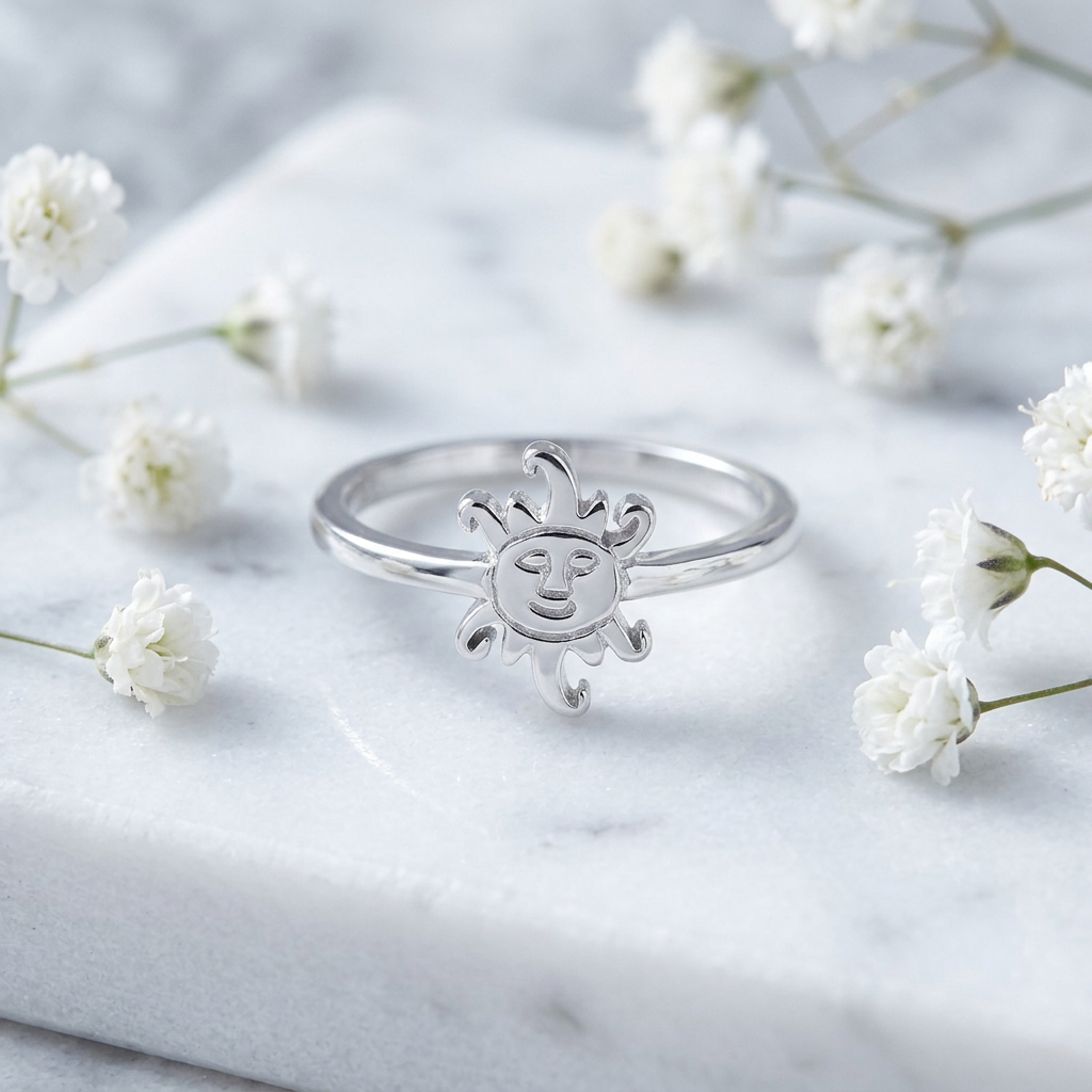 Sterling Silver 1.5mm Smiling Sun Face Celestial Ring for Women life1