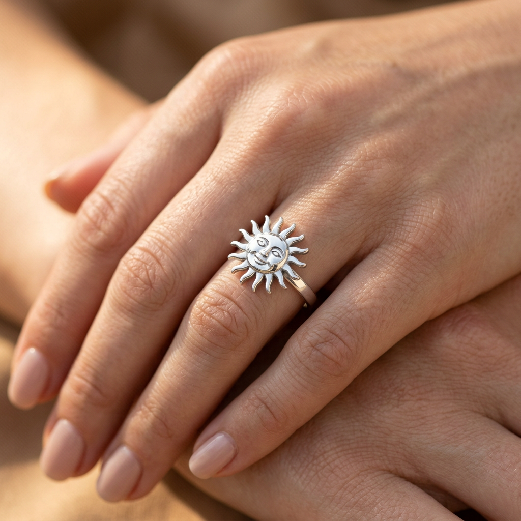 Sterling Silver 1.5mm Smiling Sun Face Celestial Ring for Women model