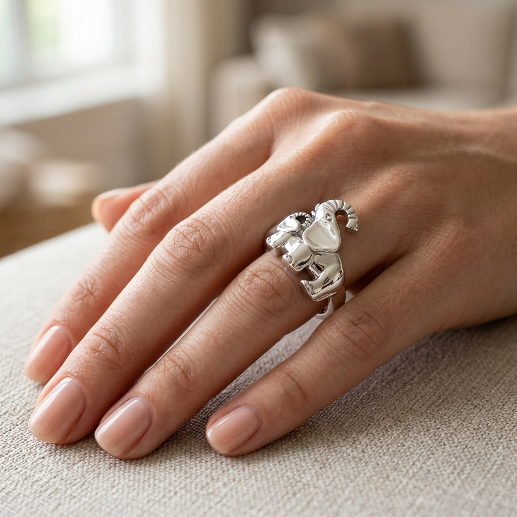 Sterling Silver Mother and Baby Elephant Statement Ring for Women model