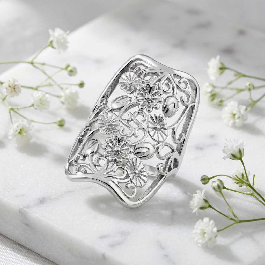 Sterling Silver Wildflower Filigree Full Finger Statement Ring for Women life1