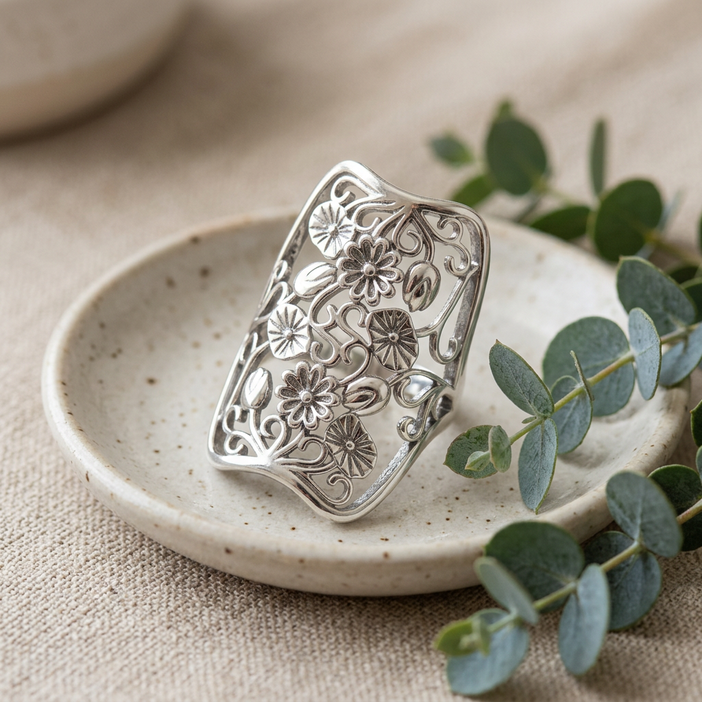 Sterling Silver Wildflower Filigree Full Finger Statement Ring for Women life2