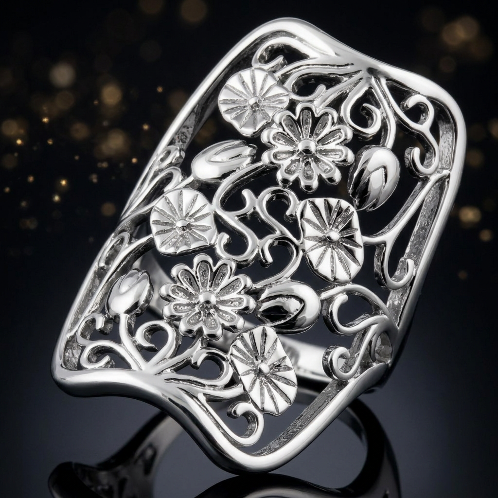 Sterling Silver Wildflower Filigree Full Finger Statement Ring for Women life4
