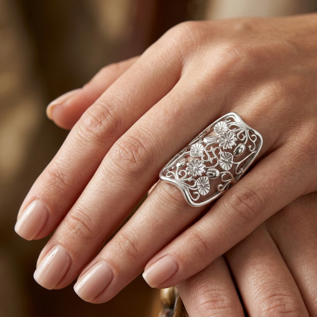 Sterling Silver Wildflower Filigree Full Finger Statement Ring for Women model