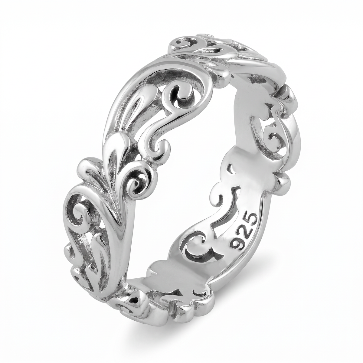 Sterling Silver 5.3mm Filigree Vine Scroll Band Ring for Women