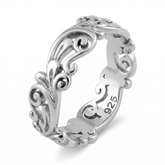 Sterling Silver 5.3mm Filigree Vine Scroll Band Ring for Women