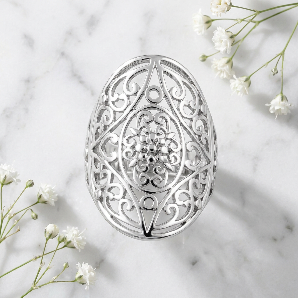 Sterling Silver Flower Medallion Filigree Armor Statement Ring for Women life1