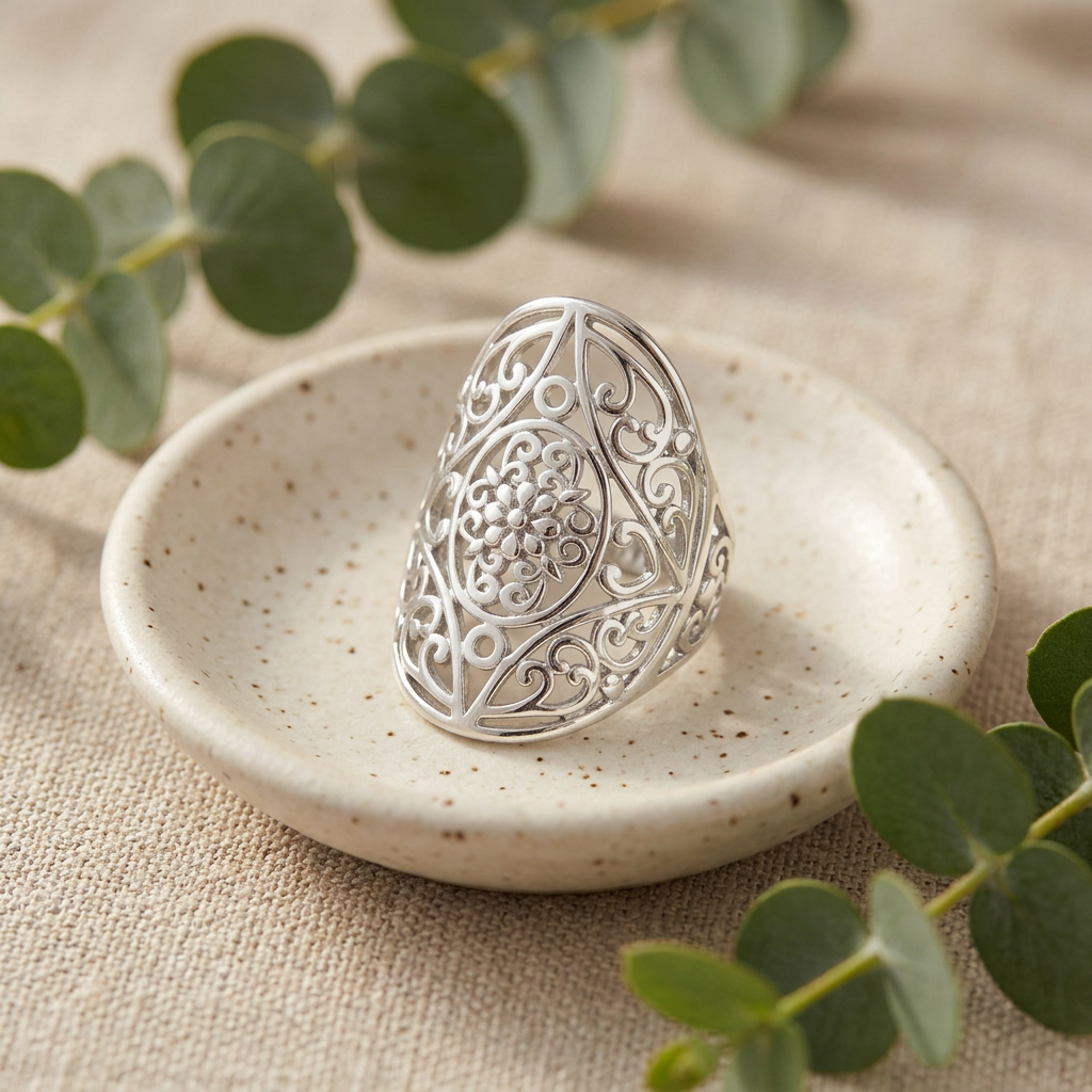 Sterling Silver Flower Medallion Filigree Armor Statement Ring for Women life2