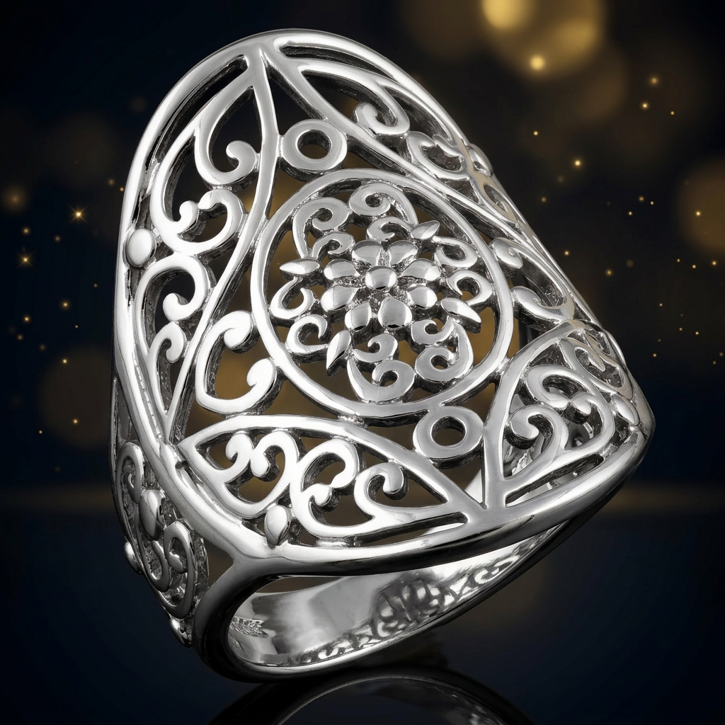 Sterling Silver Flower Medallion Filigree Armor Statement Ring for Women life4