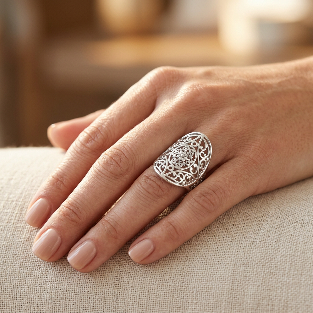 Sterling Silver Flower Medallion Filigree Armor Statement Ring for Women model