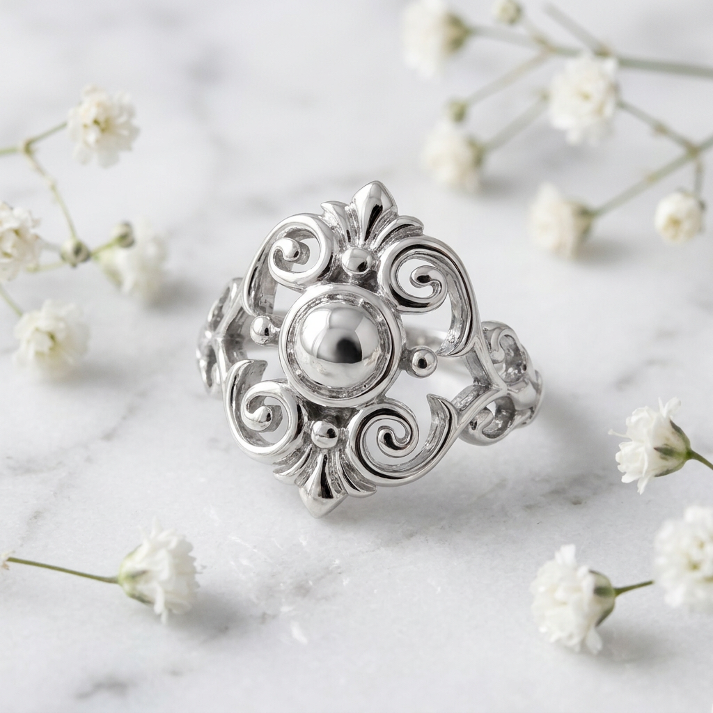 Sterling Silver 2.3mm Fleur de Lis Scroll Dome Center Ring for Women life1