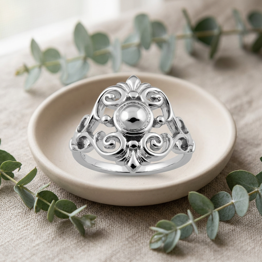 Sterling Silver 2.3mm Fleur de Lis Scroll Dome Center Ring for Women life2